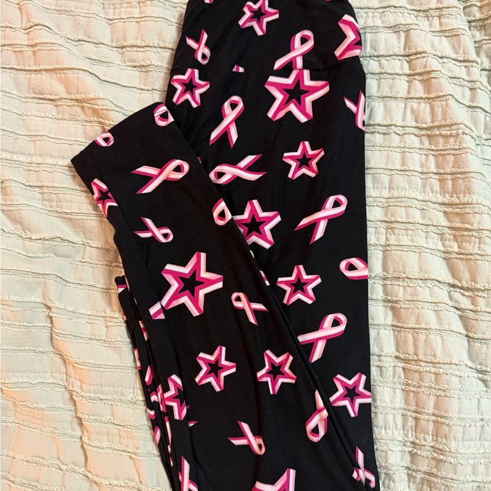 Lularoe Black Leggings with Pink Star and Breast Cancer Awareness Ribbons